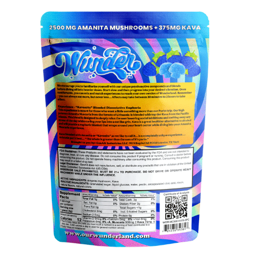 Wunder Amanita Muscaria Mushroom + Kava Gummies, mushroom and kava gummies, amanita muscaria and kava gummies, amanita muscaria, colorful bag with and text, 2500mg