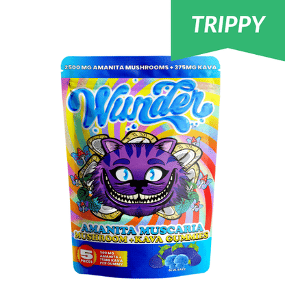 Wunder Amanita Muscaria Mushroom + Kava Gummies, mushroom and kava gummies, amanita muscaria and kava gummies, amanita muscaria, colorful bag with purple cat and text, 2500mg