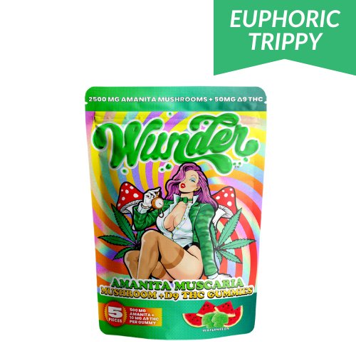 Wunder Amanita Muscaria Mushroom + D9 THC Gummies, magic mushroom gummies, mushroom gummies, amanita muscaria, mushroom and D9 THC, colorful green bag with cartoon pinup woman and mushrooms and text, watermelon, 2500mg