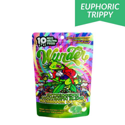 Wunder Entheogenic Nootropic Blend Mushroom + THC-P Gummies, magic mushroom gummies, mushroom gummies, mushroom extract gummies, sour apple, colorful bag with green frog and text, 7500mg