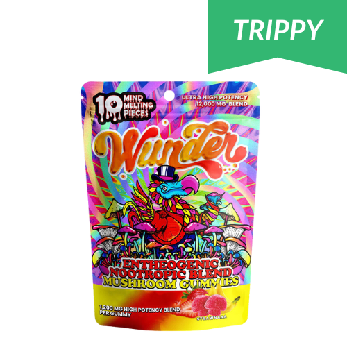 Wunder Entheogenic Nootropic Blend Mushroom Gummies, magic mushroom gummies, mushroom gummies, mushroom extracts, colorful bag with cartoon dodo bird and mushrooms and text, strawberry banana, 2500mg