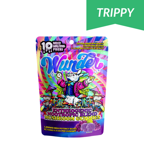 Wunder Entheogenic Nootropic Blend Mushroom + Kava Gummies, mushroom and kava gummies, amanita muscaria and kava gummies, colorful bag with cartoon white rabbit  and mushrooms and text, grape, 2500mg