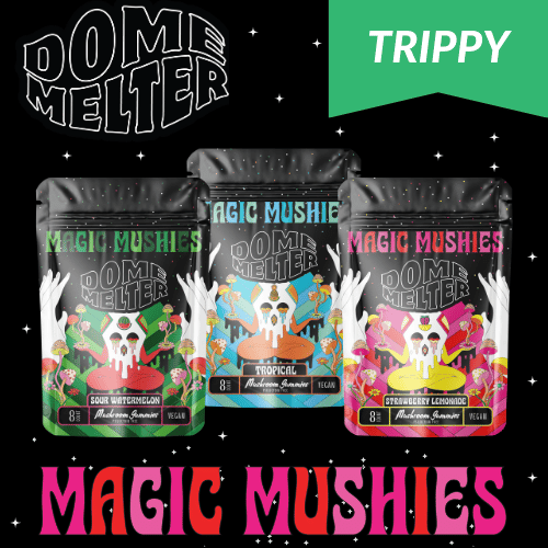 dome melter magic mushies gummies on black background with stars, three colorful bags with dome melter logo and designs