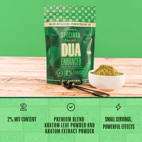 dua enhanced kratom powder bag next to bowl of powder and product details