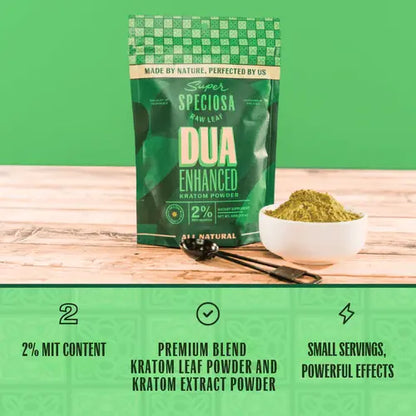 dua enhanced kratom powder bag next to bowl of powder and product details