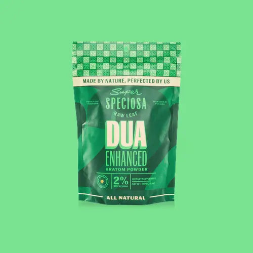 super speciosa dua enhanced kratom in green bag against green background