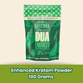 dua enhanced kratom green bag against tan background