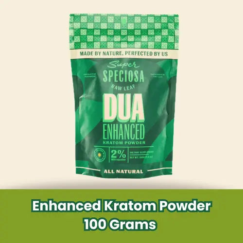 dua enhanced kratom green bag against tan background