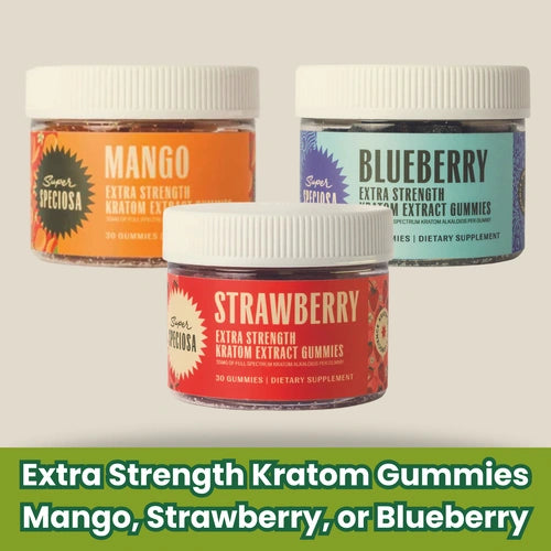 extra strength kratom gummies - 3 jars against tan background