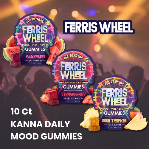 ferris wheel kanna gummies - 3 packages against party background
