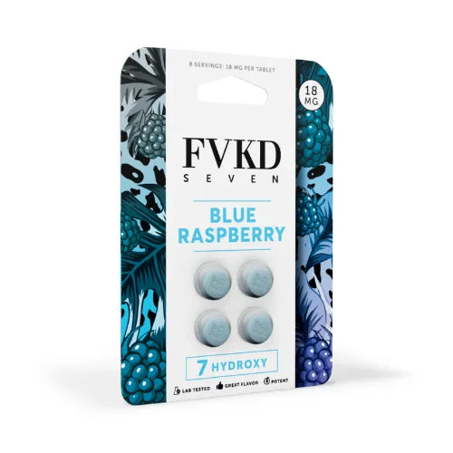 FVKD SEVEN - 7-Hydroxy Tablets 4ct-   Blue Raspberry blue and white box on white background with text and fvkd logo