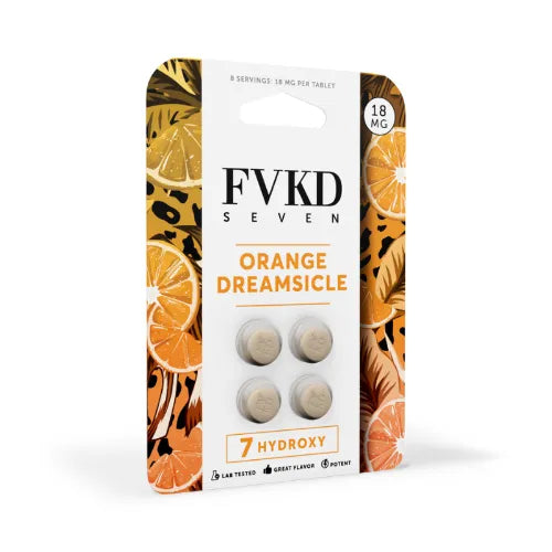 FVKD SEVEN - 7-Hydroxy Tablets 4ct-   Orange Dreamsicle orange and white box on white background with text and fvkd logo