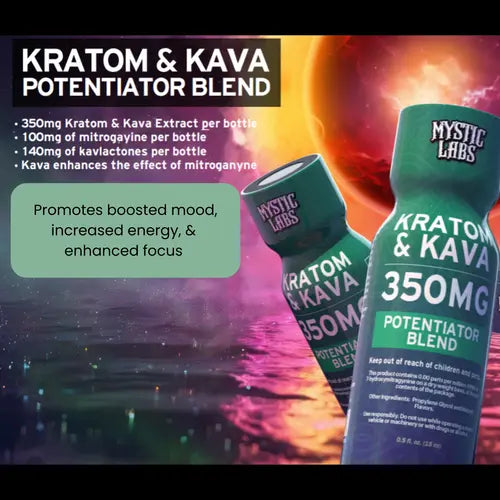 Mystic Labs Kratom & Kava Potentiator Blend bottles with space-themed background
