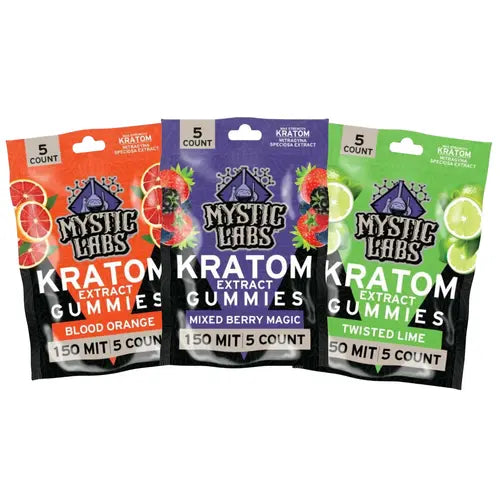 Three packages of Mystic Labs Kratom Extract Gummies on a white background