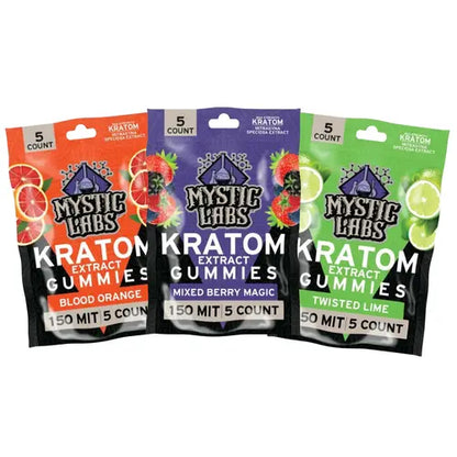 Three packages of Mystic Labs Kratom Extract Gummies on a white background