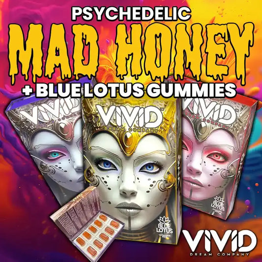 vivid dream company psychedelic mad honey and blue lotus gummies, vivid gummies boxes on colorful background