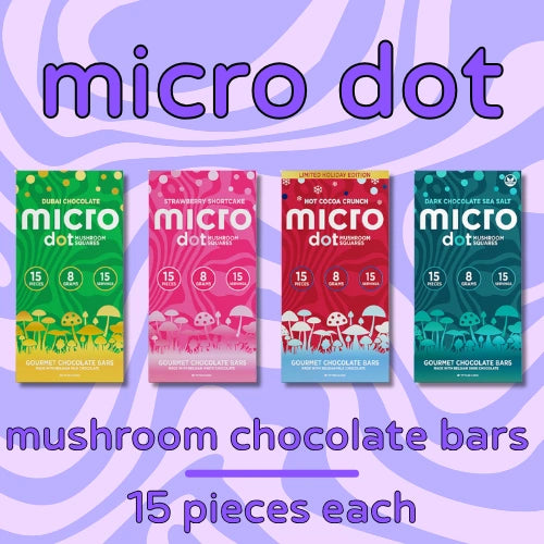 micro dot mushroom chocolate - four chocolate bars against pink and purple swirl background