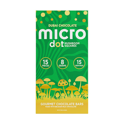 micro dot mushroom chocolate - Dubai chocolate - green and yellow package
