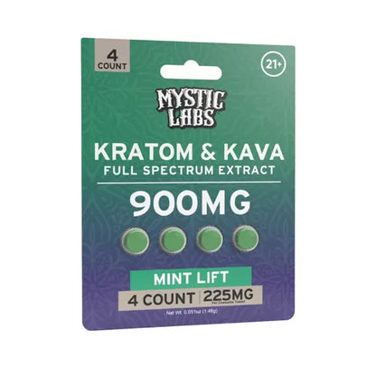 Mystic Labs Kratom & Kava package with green and purple design on a white background