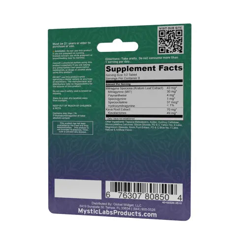 Supplement facts label on a green and purple package with a QR code and text.