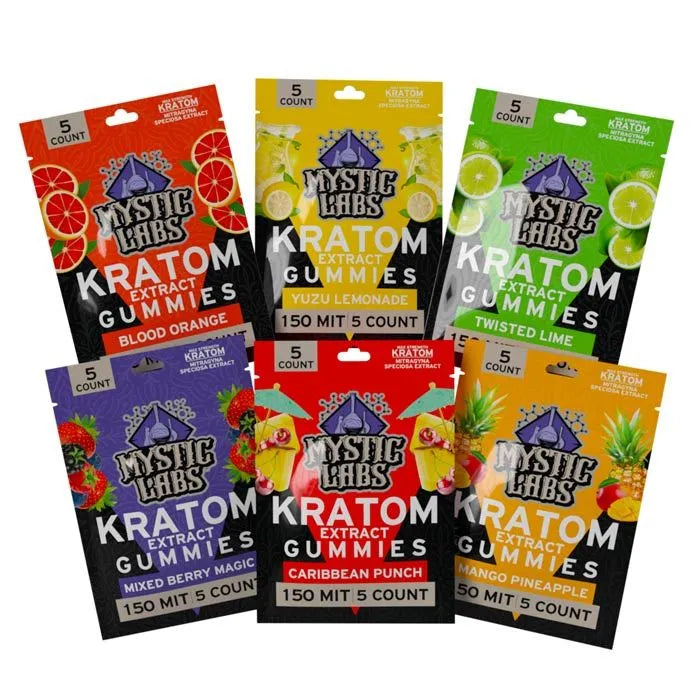 Mystic Labs Kratom 150 MIT Extract Gummies, kratom extract gummies, kratom gummies, green bag with limes next to purple bag with berries above orange bag with blood oranges next to yellow bag with lemons and lemonade, twisted lime, mixed berry magic, blood orange, yuzu lemonade, caribbean punch, mango pineapple