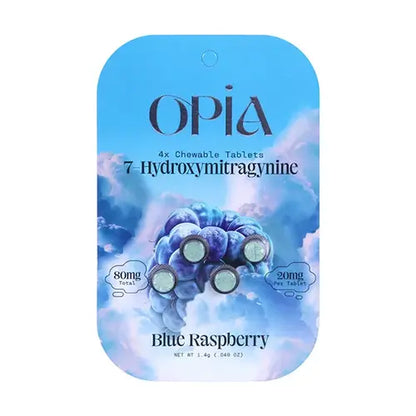 OPiA - 7-OH Chewable Kratom Tablets-   Blue Raspberry blue blister pack with 4 tablets and opia logo and text