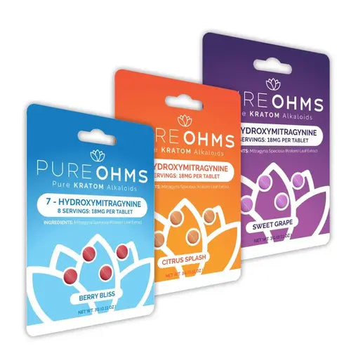 pure ohms 7-oh kratom extract chewable tabs 3 colorful boxes with tablets