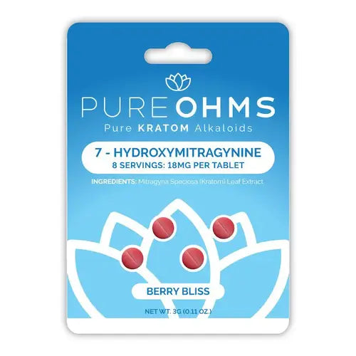 Pure Ohms - 7-Hydroxymitragynine Tablets blue box with 4 red tabs berry bliss