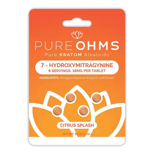 Pure Ohms - 7-Hydroxymitragynine Tablets orange box with 4 orange tabs citrus splash