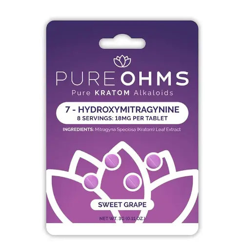 Pure Ohms - 7-Hydroxymitragynine Tablets purple box with 4 purple tabs sweet grape