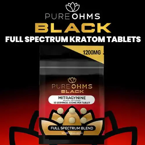 pure ohms black kratom tabs - blister pack against red and black background