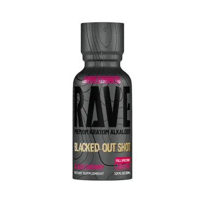 rave kratom blacked out shot - gray packaging with black and pink lettering