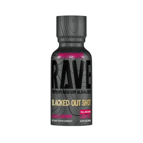 rave kratom blacked out shot - gray packaging with black and pink lettering