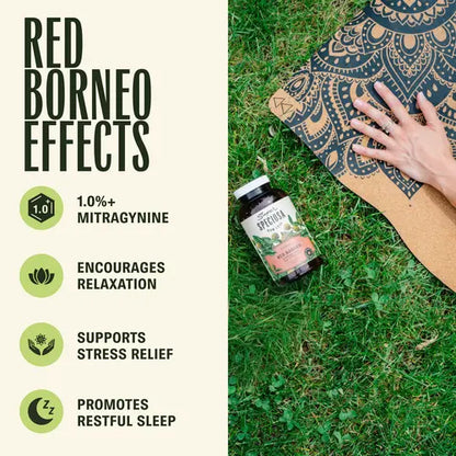 red borneo effects yoga mat and grass with red borneo capsules jar next to product details