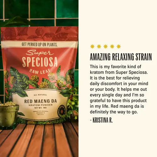 super speciosa red Maeng da 1 kilogram bag next to positive customer review