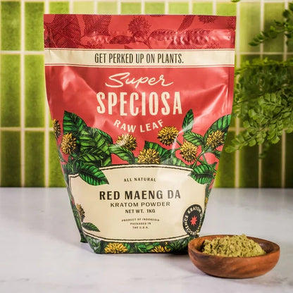 1 kilogram red maeng da powder bag with tile background