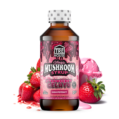 TRĒ House Magic Mushroom High Potency Syrup, mushroom syrup, magic mushroom high potency syrup, red and brown bottle with text and strawberry gelato, strawberry gelato