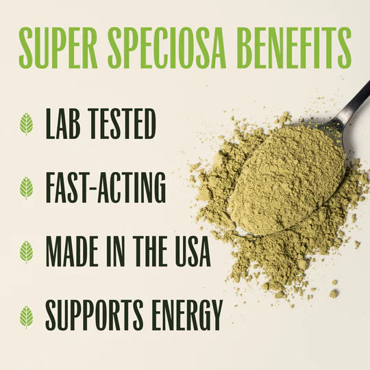 green maeng da super speciosa powder in spoon next to product details