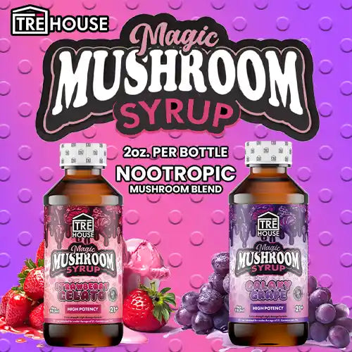 TRĒ House Magic Mushroom High Potency Syrup, mushroom syrup, magic mushroom high potency syrup, red and brown bottle with text and strawberry gelato next to purple and brown bottle with text grapes, trippy