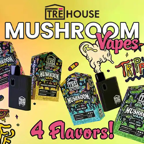 TRĒ House Magic Mushroom Disposable Vape Pens, mushroom vape pen, magic mushroom vape pen, disposable mushroom vape pen, blue and black box with black vape and blue jello square, pink and black box with black vape and lemons, green and black box with black vape and apples, yellow and black box with black vape and mango smoothie, trippy