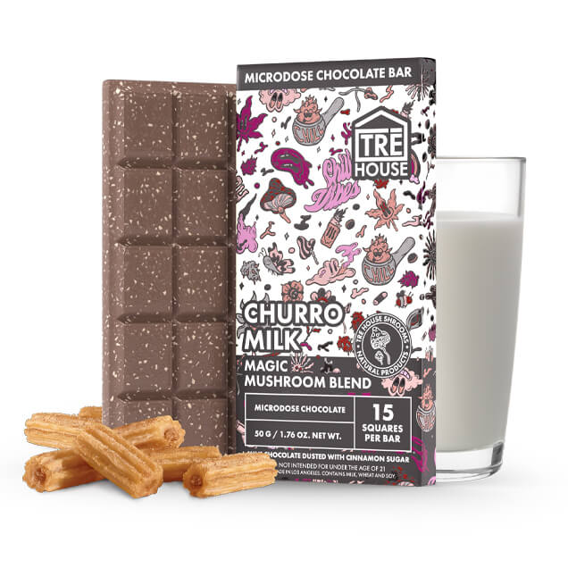 TRĒ House Magic Mushroom Chocolate Bar, mushroom chocolate bar, magic mushroom chocolate, chocolate bar with churros next to glass of milk