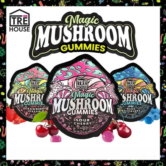 TRĒ House Magic Mushroom Gummies, magic mushroom gummies, mushroom extract gummies, mushroom gummies, microdose mushroom, colorful black packages with oranges and mangos and apples, blue raspberry, juicy mango, strawberry dream, watermelon wonder, sour apple, sour tropical, sour cherry, sour grape