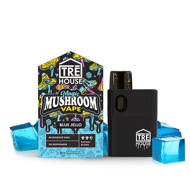 TRĒ House Magic Mushroom Disposable Vape Pens, mushroom vape pen, magic mushroom vape pen, disposable mushroom vape pen, blue and black box with black vape and blue jello square, trippy, blue jello