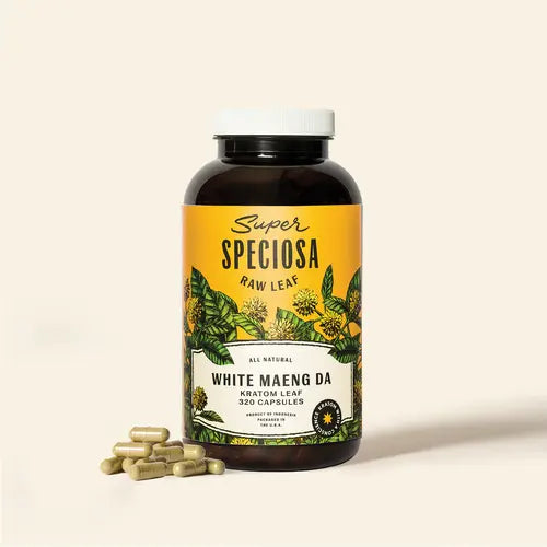 white maeng da kratom capsules 320 count against tan background