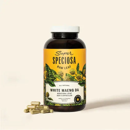 white maeng da kratom capsules 320 count against tan background