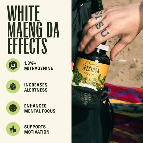 white maeng da effects details next to hand holding jar