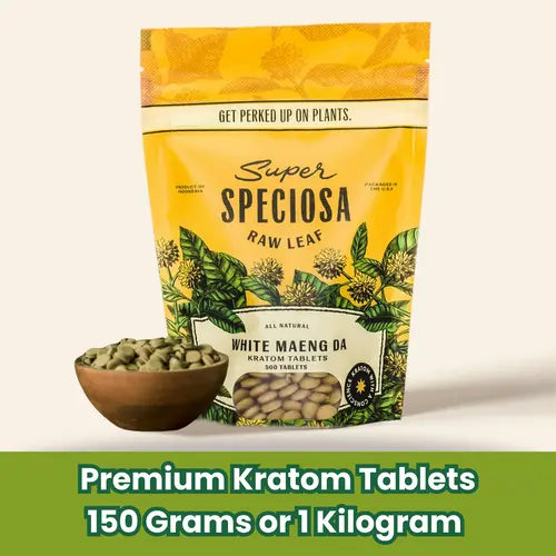 white maeng da tablets - 150g bag against tan background