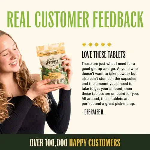 white thai kratom customer feedback - image of woman holding white thai bag