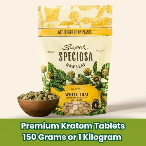 super speciosa white thai kratom tablets against tan background