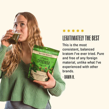 Woman drinking green maeng da super speciosa